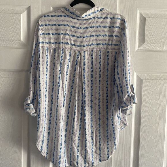 Jane And Delancey Women's Button Front Medium Pink Blue Rolled Cuff Button Up - Picture 6 of 6